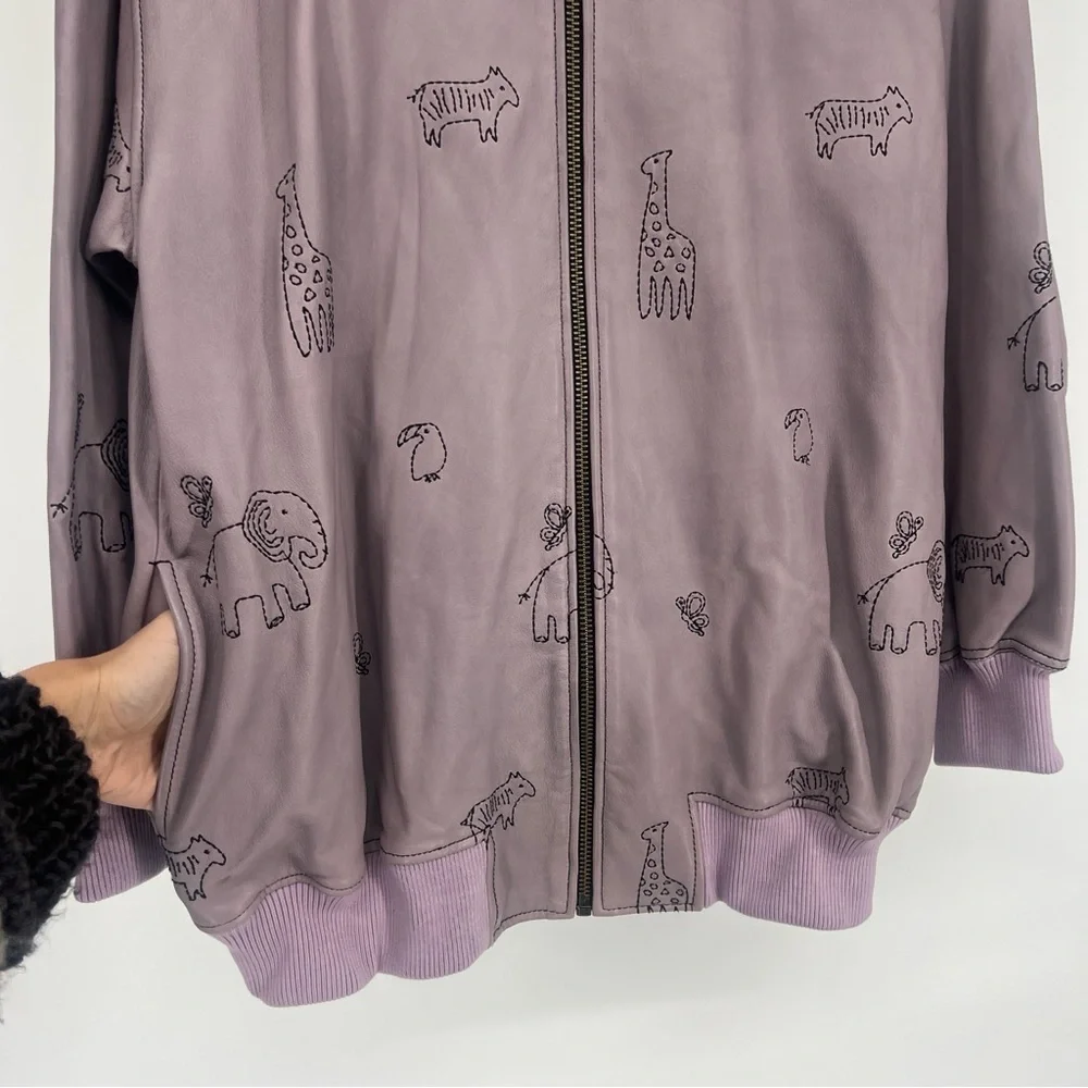 Free People Purple Oversized Leather Animal Print Embroidered Bomber Jacket S - Picture 5 of 10